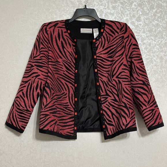 Alfred Dunner Jackets & Blazers - Alfred Dunner Petite Zebra Print Open Front Jacket Animal Studded Red Black 6P